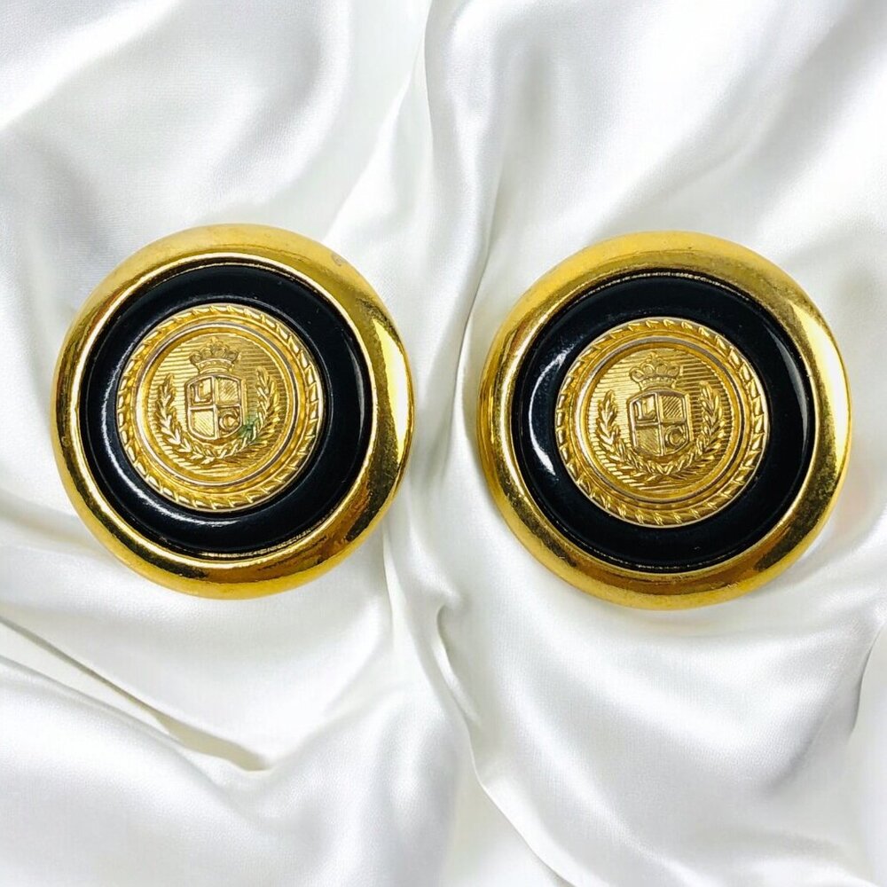 VTG 80s Liz Claiborne Studded Gold & Black Runway Earrings Crest Insignia Logo